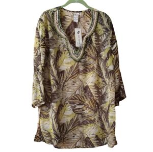 Cute Options Brown Multi Sheer Beaded Leaf Print Pullover Tunic Cover-up NWT XL